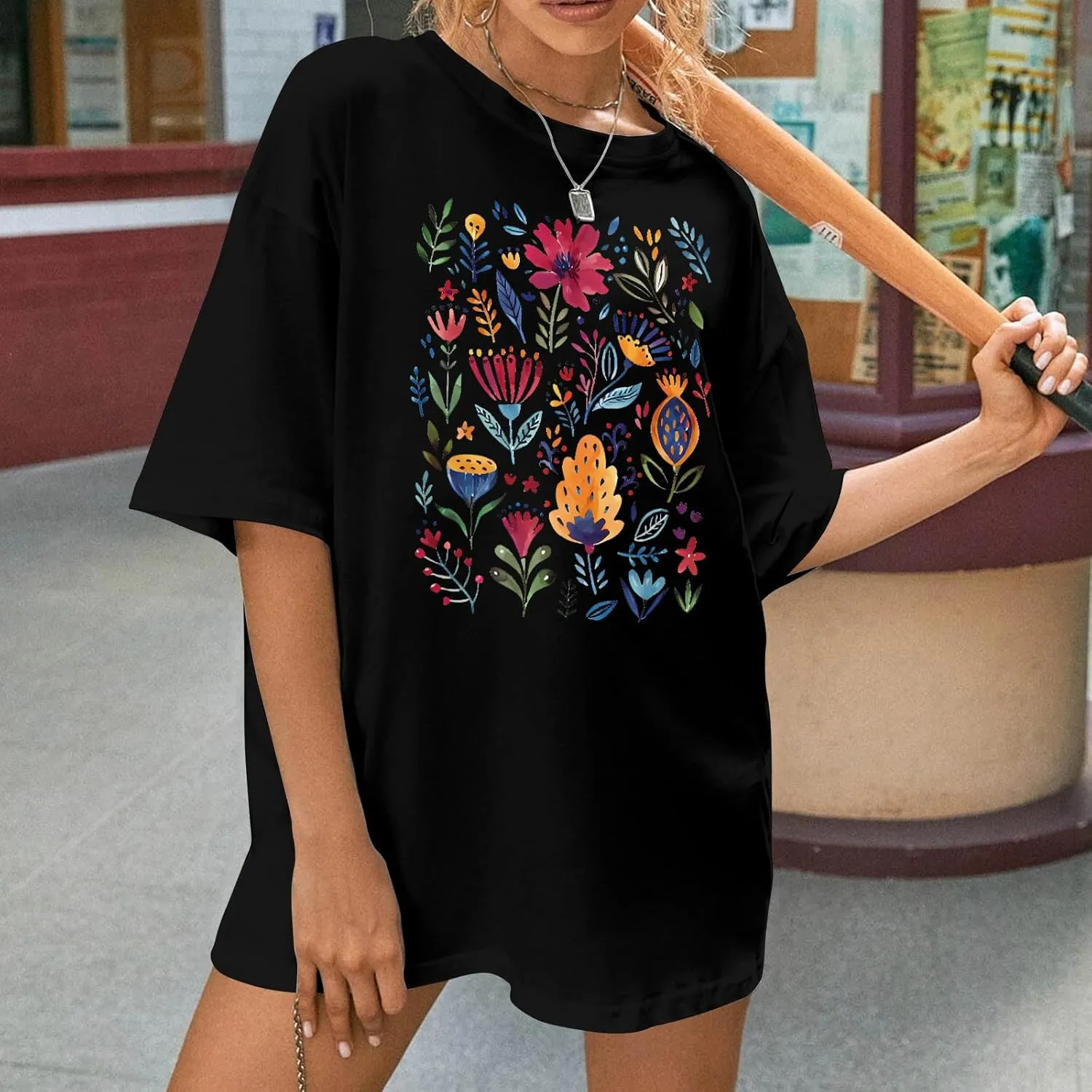 Graphic Shirts for Women Oversized Tshirt Flower Graphic Tee Boho Wildflower Christian Casual Summer Tops