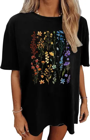 Graphic Shirts for Women Oversized Tshirt Flower Graphic Tee Boho Wildflower Christian Casual Summer Tops