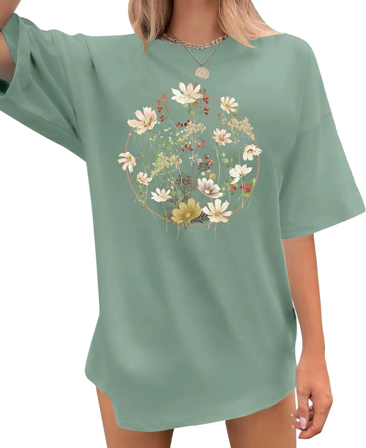 Graphic Shirts for Women Oversized Tshirt Flower Graphic Tee Boho Wildflower Christian Casual Summer Tops