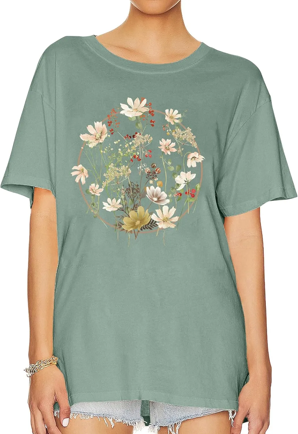 Graphic Shirts for Women Oversized Tshirt Flower Graphic Tee Boho Wildflower Christian Casual Summer Tops