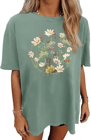 Graphic Shirts for Women Oversized Tshirt Flower Graphic Tee Boho Wildflower Christian Casual Summer Tops