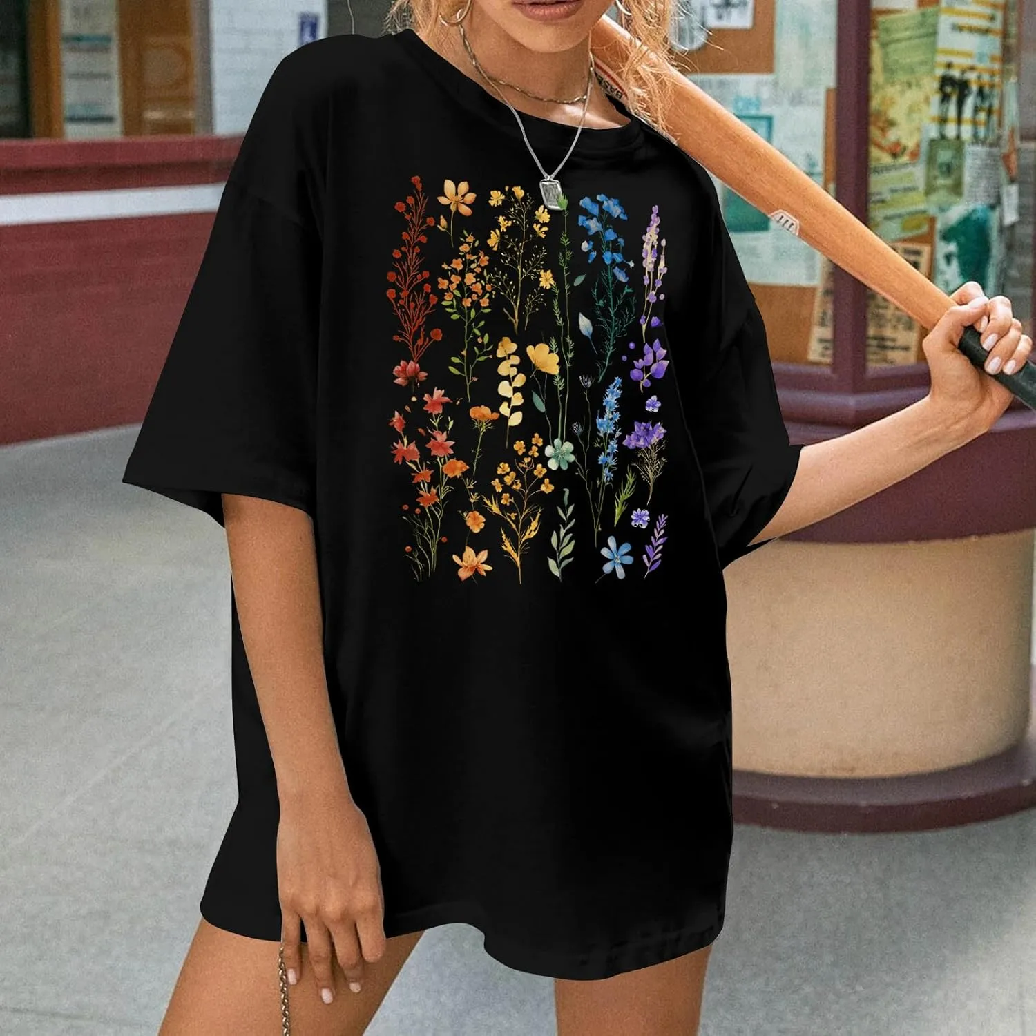 Graphic Shirts for Women Oversized Tshirt Flower Graphic Tee Boho Wildflower Christian Casual Summer Tops