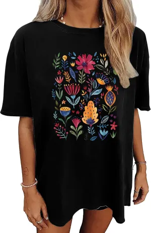 Graphic Shirts for Women Oversized Tshirt Flower Graphic Tee Boho Wildflower Christian Casual Summer Tops