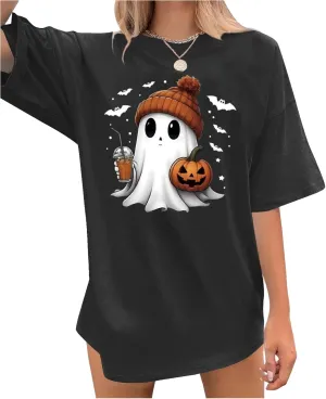 Halloween Oversized T Shirts for Women Cute Ghost Face Shirts Fall Pumpkin Spice Graphic Tshirts Casual Fitted Tees Tops