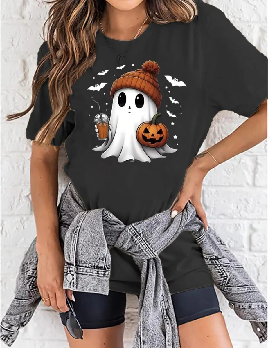 Halloween Oversized T Shirts for Women Cute Ghost Face Shirts Fall Pumpkin Spice Graphic Tshirts Casual Fitted Tees Tops