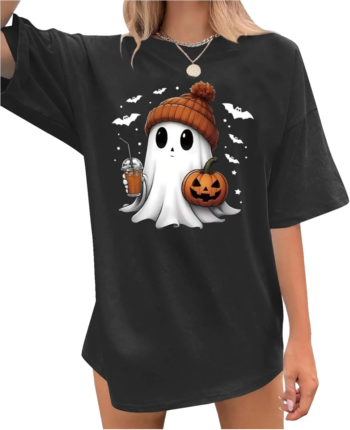 Halloween Oversized T Shirts for Women Cute Ghost Face Shirts Fall Pumpkin Spice Graphic Tshirts Casual Fitted Tees Tops