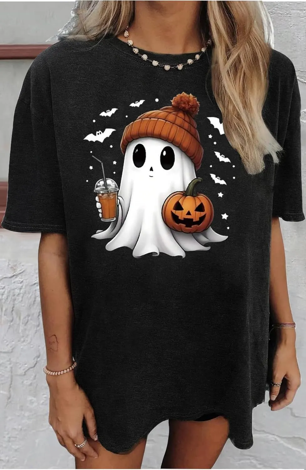 Halloween Oversized T Shirts for Women Cute Ghost Face Shirts Fall Pumpkin Spice Graphic Tshirts Casual Fitted Tees Tops