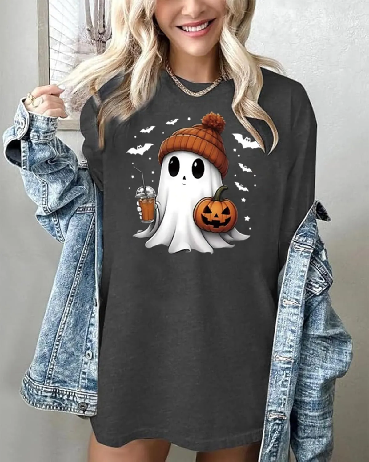 Halloween Oversized T Shirts for Women Cute Ghost Face Shirts Fall Pumpkin Spice Graphic Tshirts Casual Fitted Tees Tops