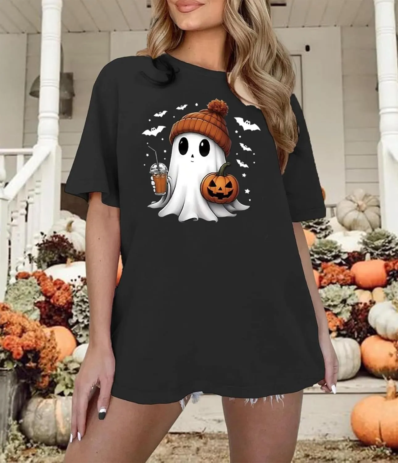 Halloween Oversized T Shirts for Women Cute Ghost Face Shirts Fall Pumpkin Spice Graphic Tshirts Casual Fitted Tees Tops