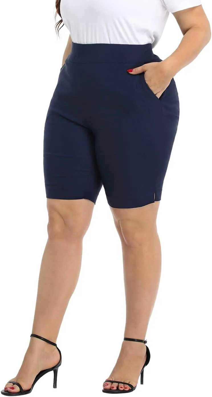HDE Plus Size Bermuda Shorts Mid Rise 10" Inseam Pull On Shorts with Pockets