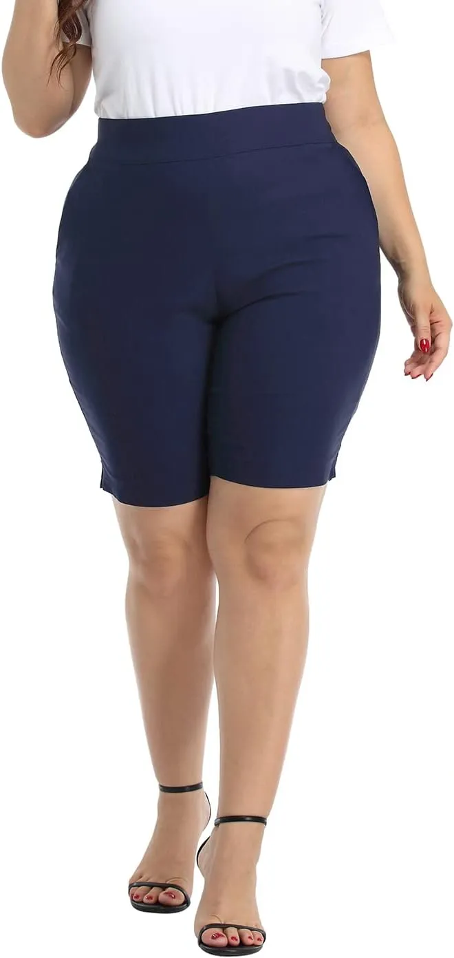 HDE Plus Size Bermuda Shorts Mid Rise 10" Inseam Pull On Shorts with Pockets