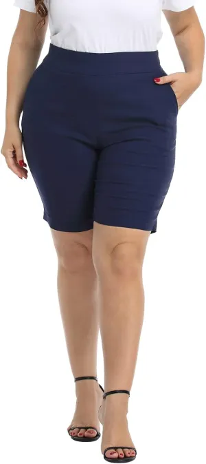 HDE Plus Size Bermuda Shorts Mid Rise 10" Inseam Pull On Shorts with Pockets