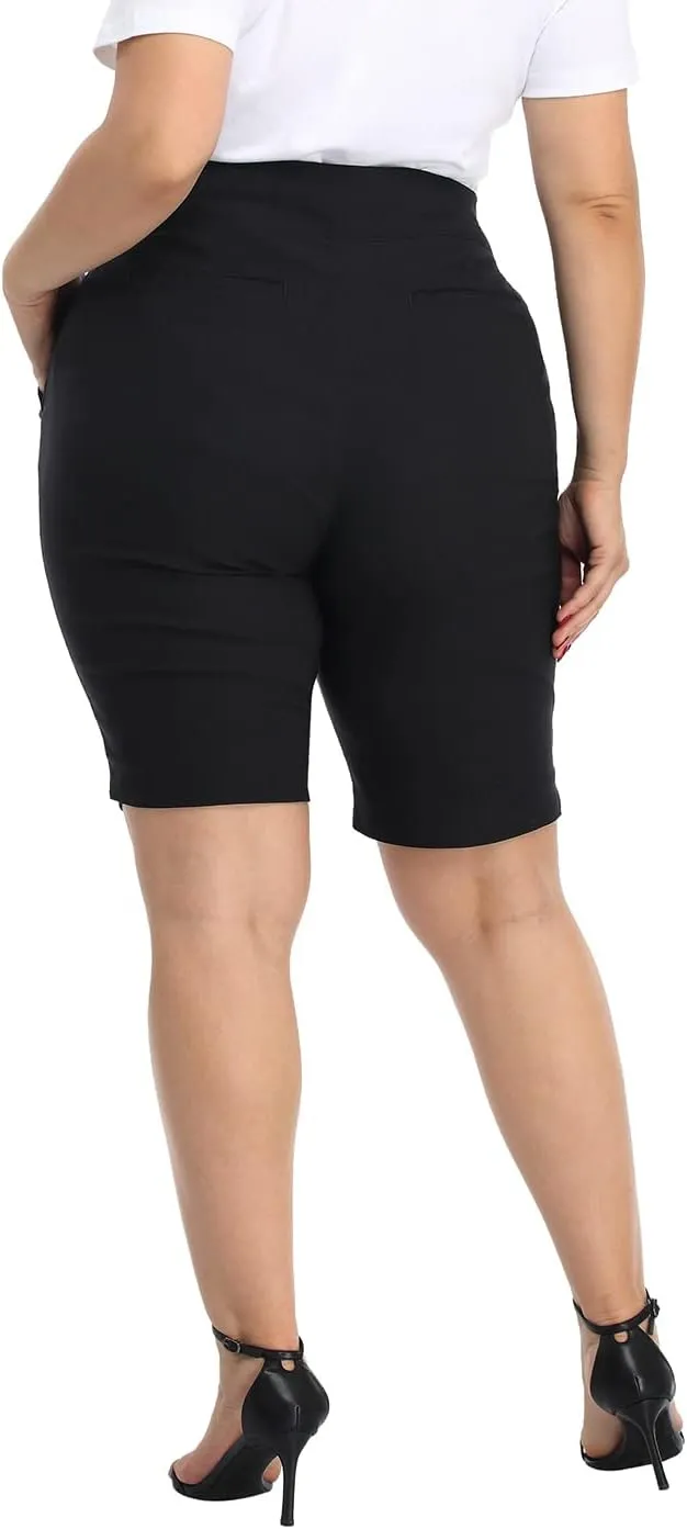 HDE Plus Size Bermuda Shorts Mid Rise 10" Inseam Pull On Shorts with Pockets
