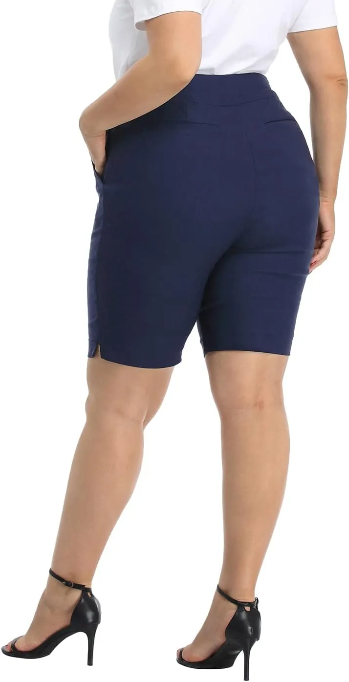 HDE Plus Size Bermuda Shorts Mid Rise 10" Inseam Pull On Shorts with Pockets