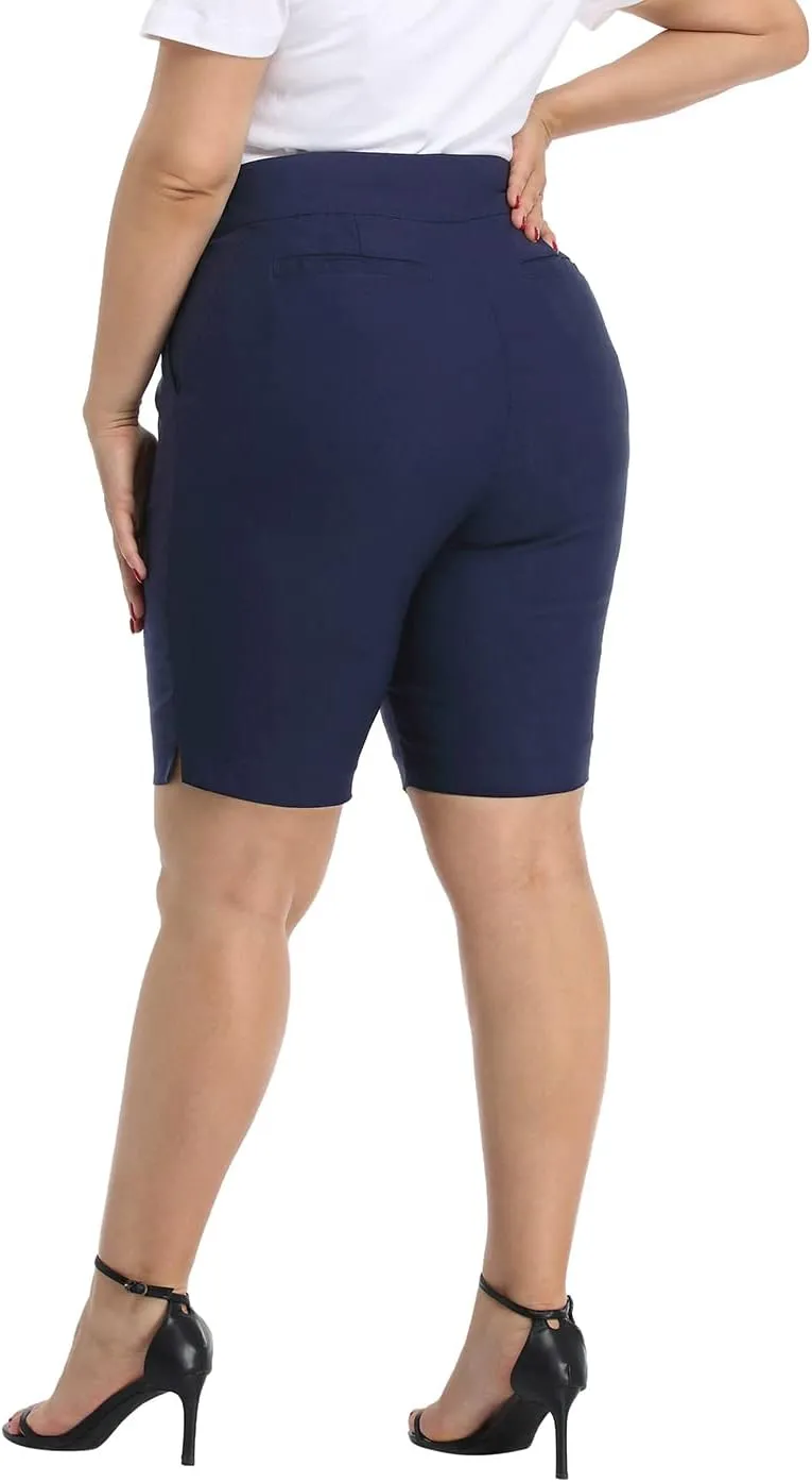 HDE Plus Size Bermuda Shorts Mid Rise 10" Inseam Pull On Shorts with Pockets