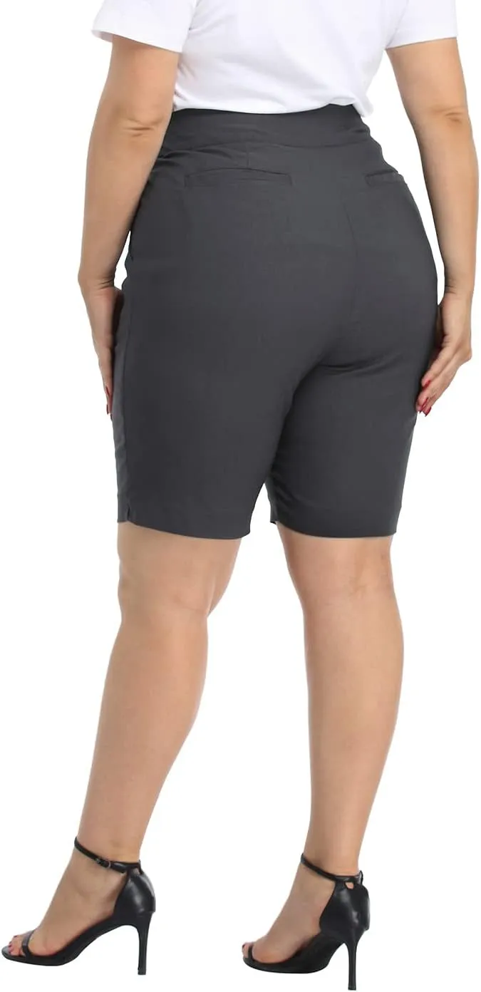HDE Plus Size Bermuda Shorts Mid Rise 10" Inseam Pull On Shorts with Pockets
