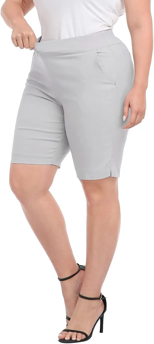 HDE Plus Size Bermuda Shorts Mid Rise 10" Inseam Pull On Shorts with Pockets
