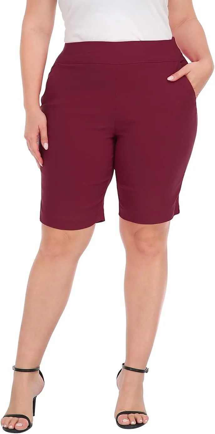 HDE Plus Size Bermuda Shorts Mid Rise 10" Inseam Pull On Shorts with Pockets