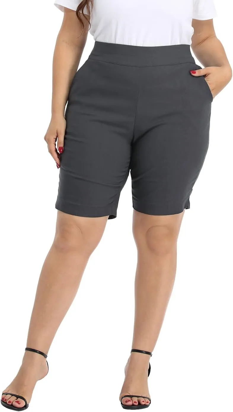 HDE Plus Size Bermuda Shorts Mid Rise 10" Inseam Pull On Shorts with Pockets