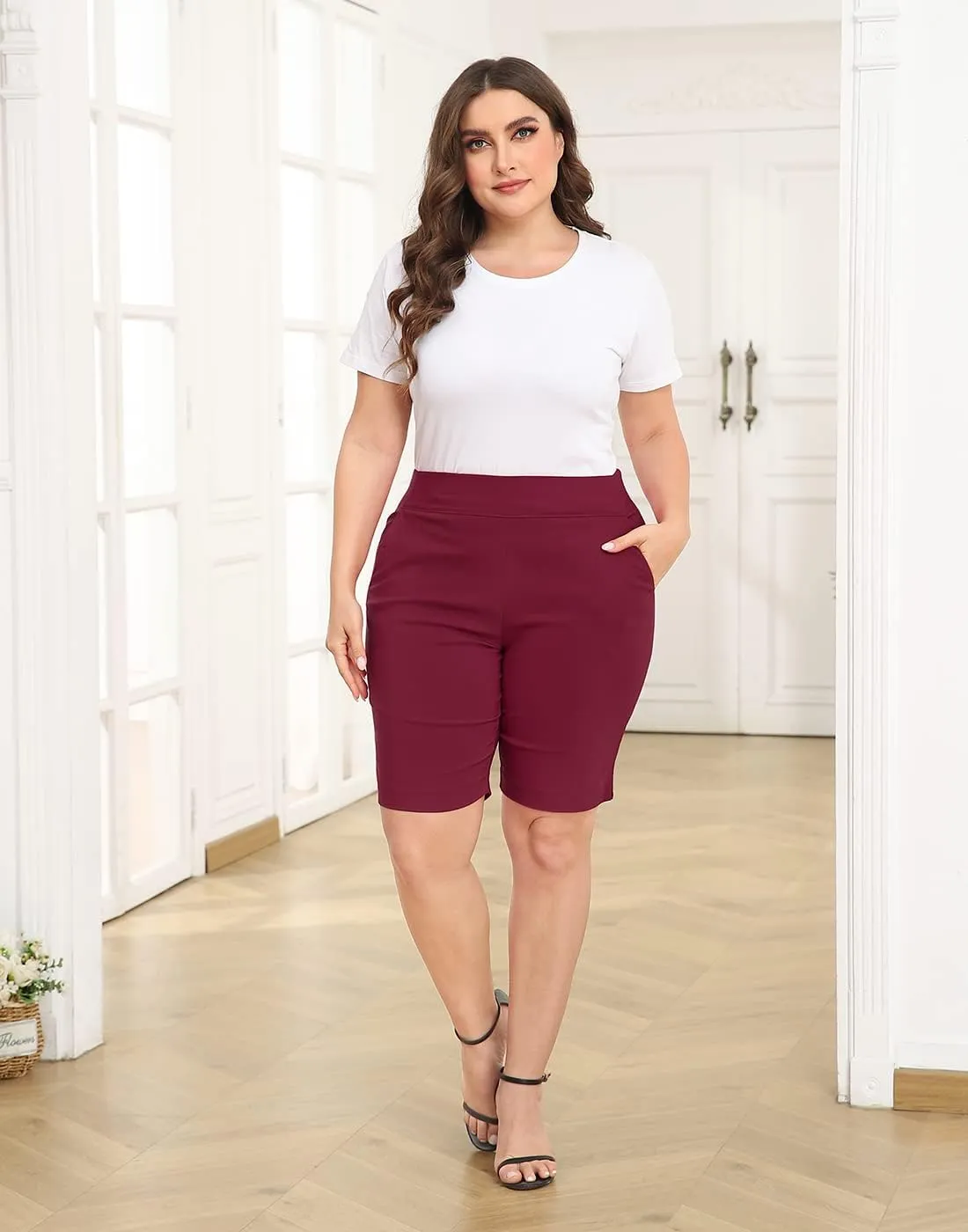 HDE Plus Size Bermuda Shorts Mid Rise 10" Inseam Pull On Shorts with Pockets