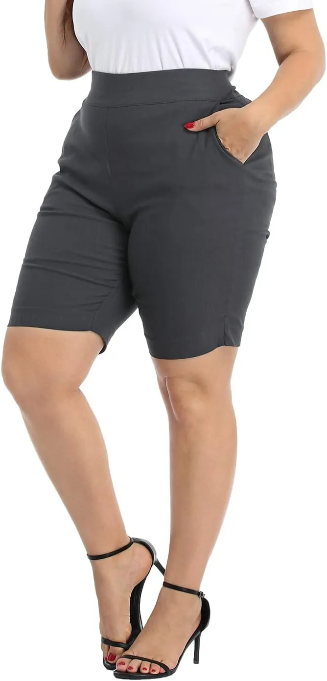 HDE Plus Size Bermuda Shorts Mid Rise 10" Inseam Pull On Shorts with Pockets