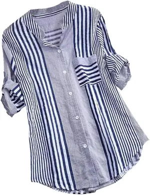 HHmei Women Plus Size Three Quarter Striped Print V-Neck Loose Fit Top T-Shirt Blouse, tanks uniforms safety medical utility active knits tunics vests shops maternity nursing womens tank (Blue XXXL)
