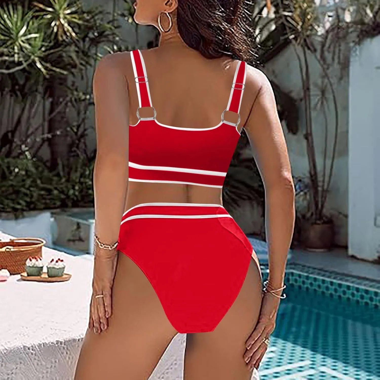 High Waisted Bikini Sets for Women 2025 Summer Tummy Control Color Block Bathing Suit Sporty Two Piece Swimsuits