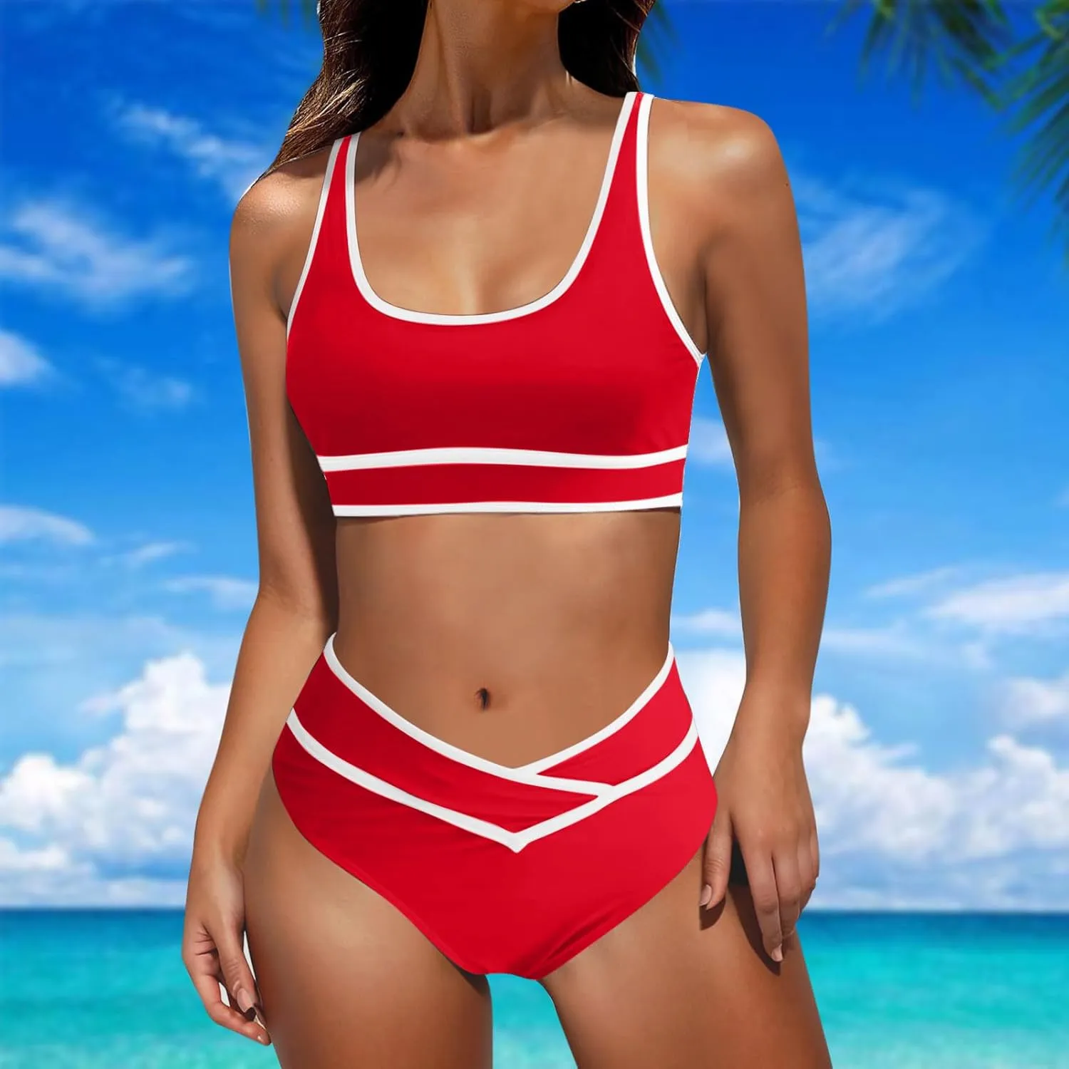 High Waisted Bikini Sets for Women 2025 Summer Tummy Control Color Block Bathing Suit Sporty Two Piece Swimsuits