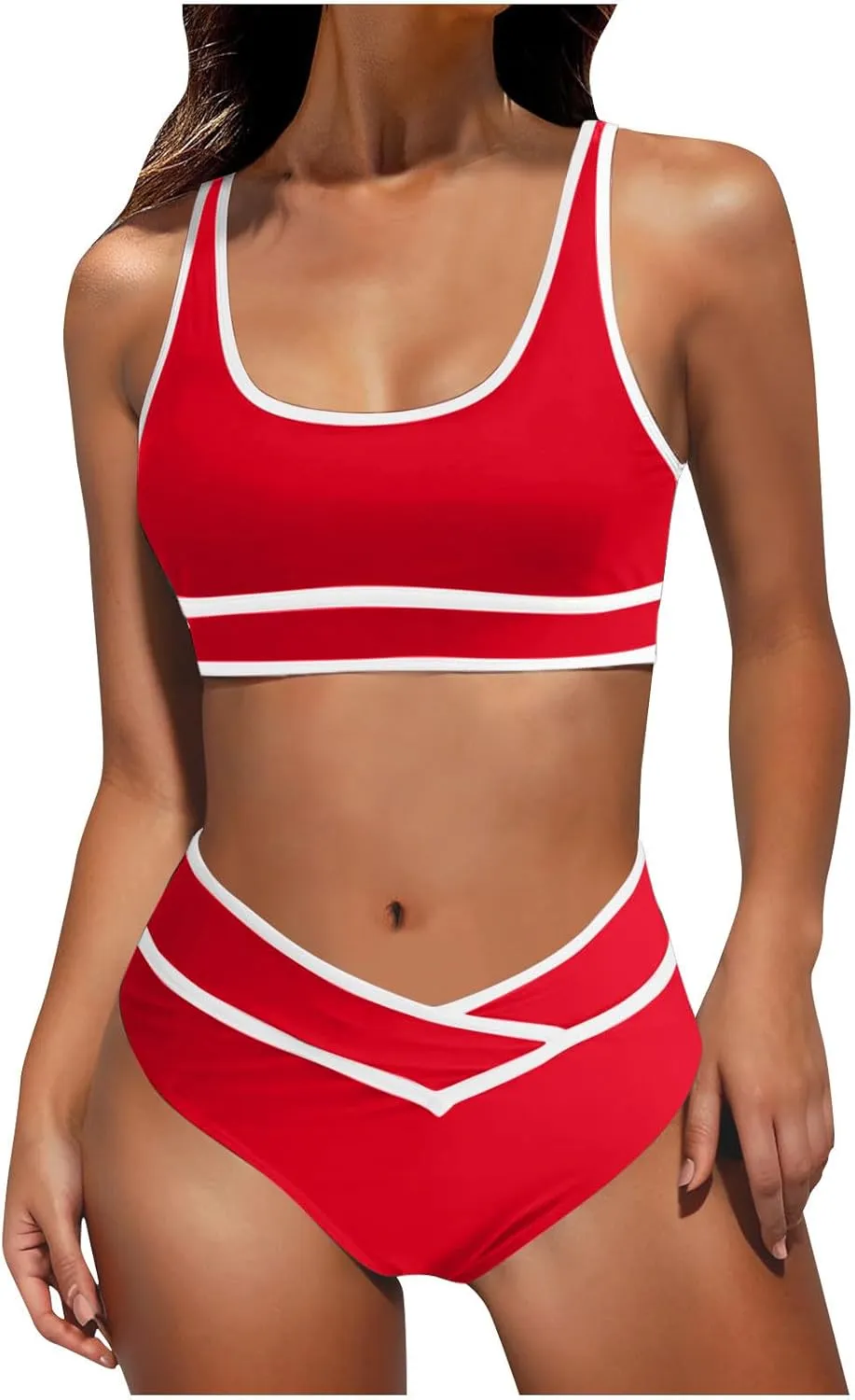 High Waisted Bikini Sets for Women 2025 Summer Tummy Control Color Block Bathing Suit Sporty Two Piece Swimsuits