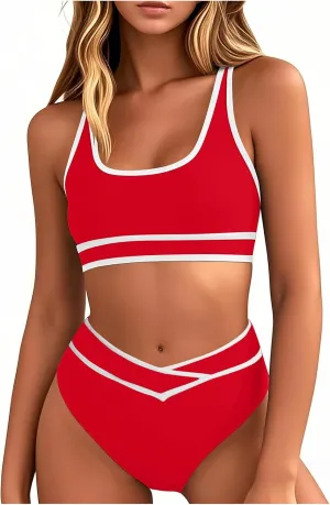High Waisted Bikini Sets for Women 2025 Summer Tummy Control Color Block Bathing Suit Sporty Two Piece Swimsuits