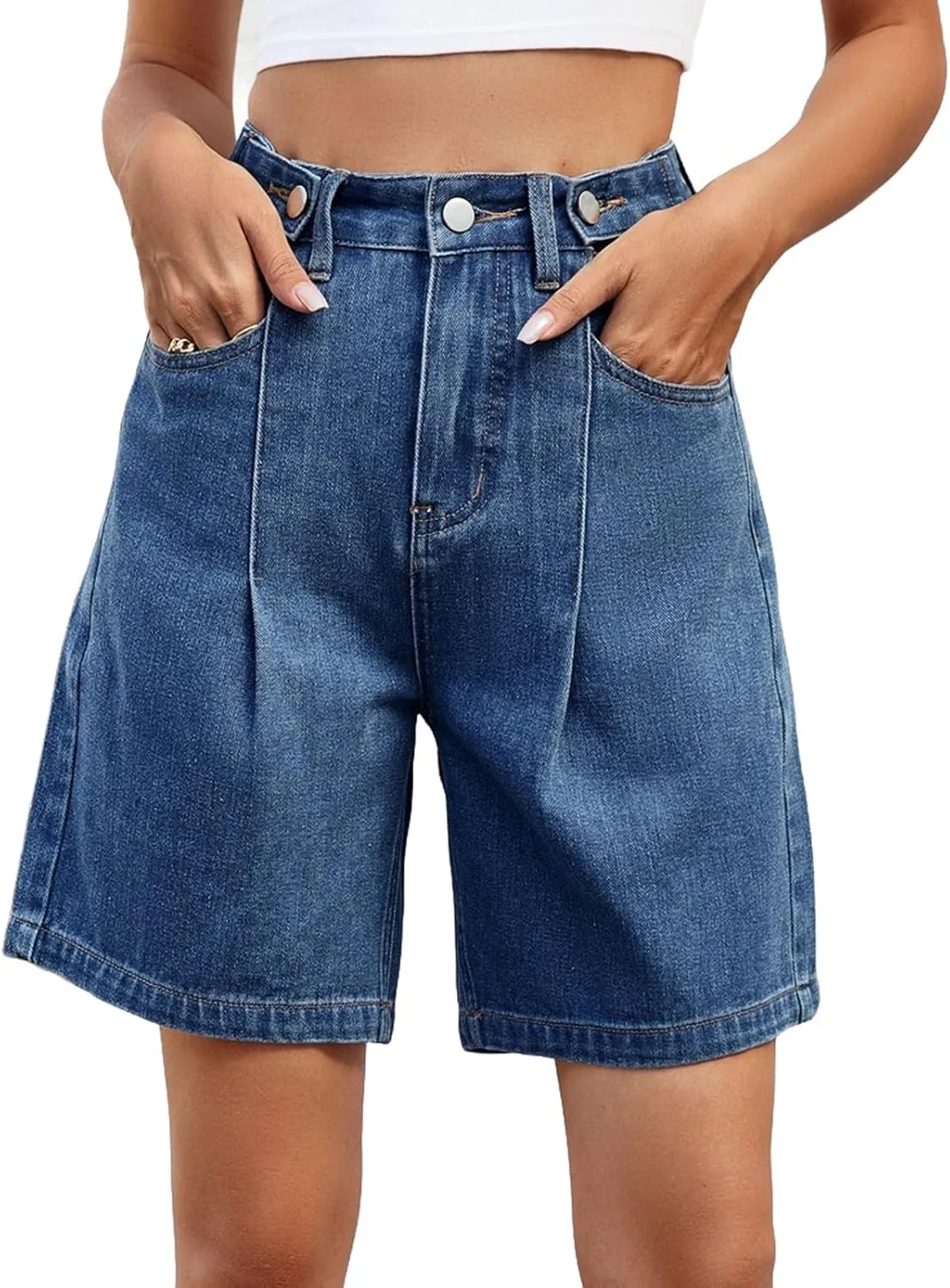 High Waisted Shorts Women Denim Plus Size - Bermuda Mid-Rise Butt Lift Summer Long Denim 5 Inch Inseam with Pockets