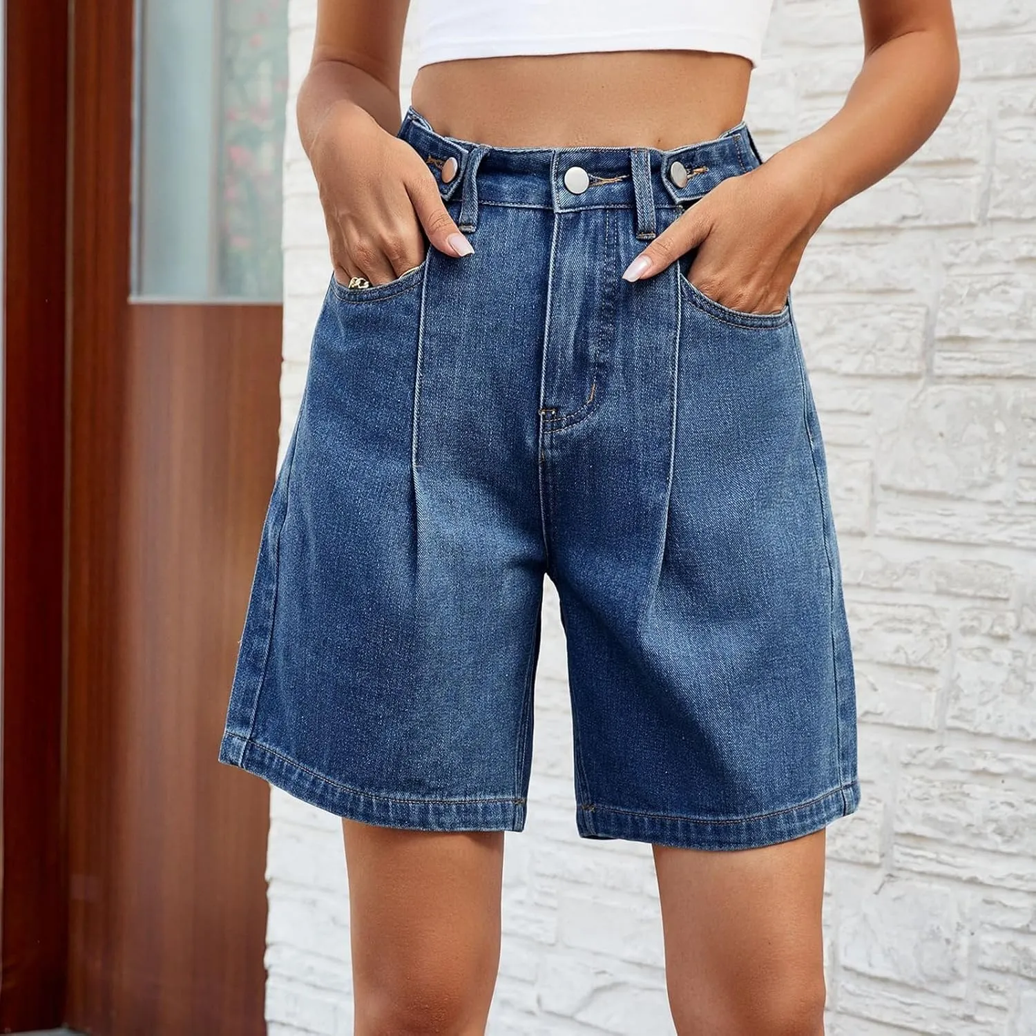 High Waisted Shorts Women Denim Plus Size - Bermuda Mid-Rise Butt Lift Summer Long Denim 5 Inch Inseam with Pockets