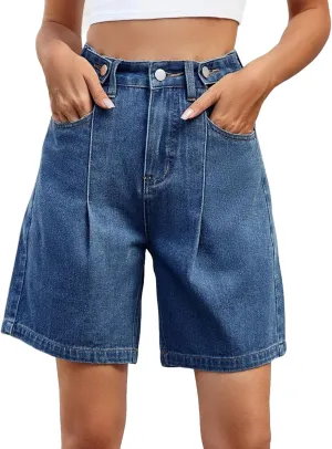 High Waisted Shorts Women Denim Plus Size - Bermuda Mid-Rise Butt Lift Summer Long Denim 5 Inch Inseam with Pockets