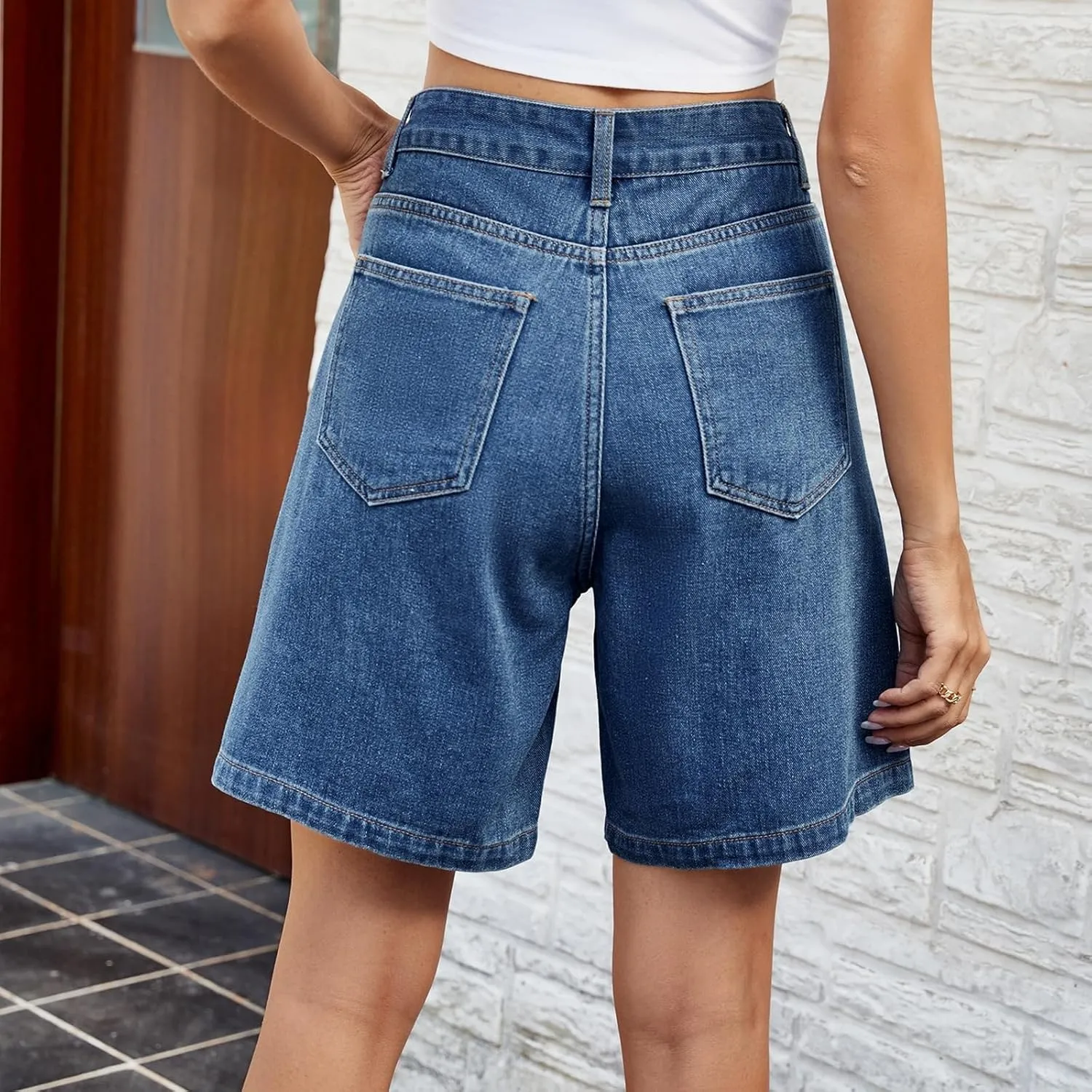 High Waisted Shorts Women Denim Plus Size - Bermuda Mid-Rise Butt Lift Summer Long Denim 5 Inch Inseam with Pockets