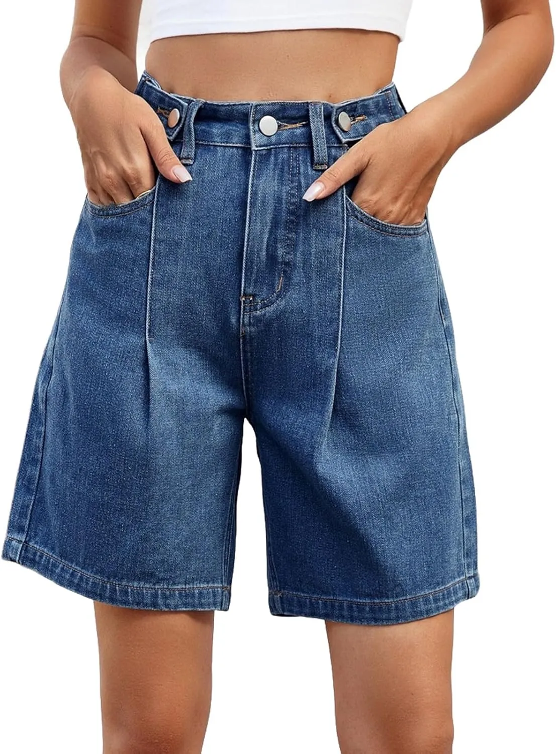 High Waisted Shorts Women Denim Plus Size - Bermuda Mid-Rise Butt Lift Summer Long Denim 5 Inch Inseam with Pockets