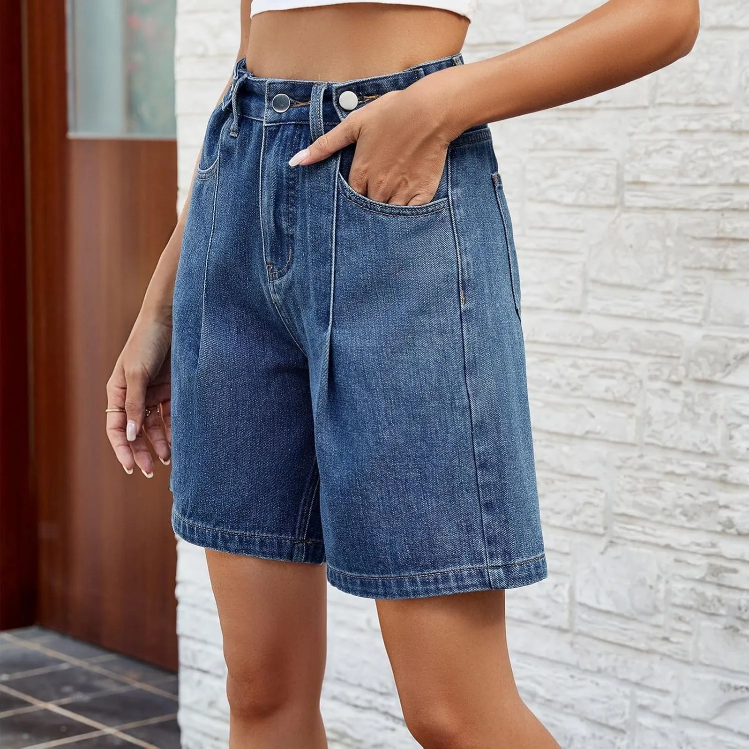 High Waisted Shorts Women Denim Plus Size - Bermuda Mid-Rise Butt Lift Summer Long Denim 5 Inch Inseam with Pockets