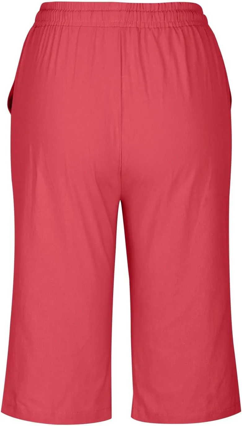 hlysgo Linen Shorts for Women Knee Length Bermuda Shorts 2025 Summer High Waist Drawstring Casual Beach Shorts with Pockets