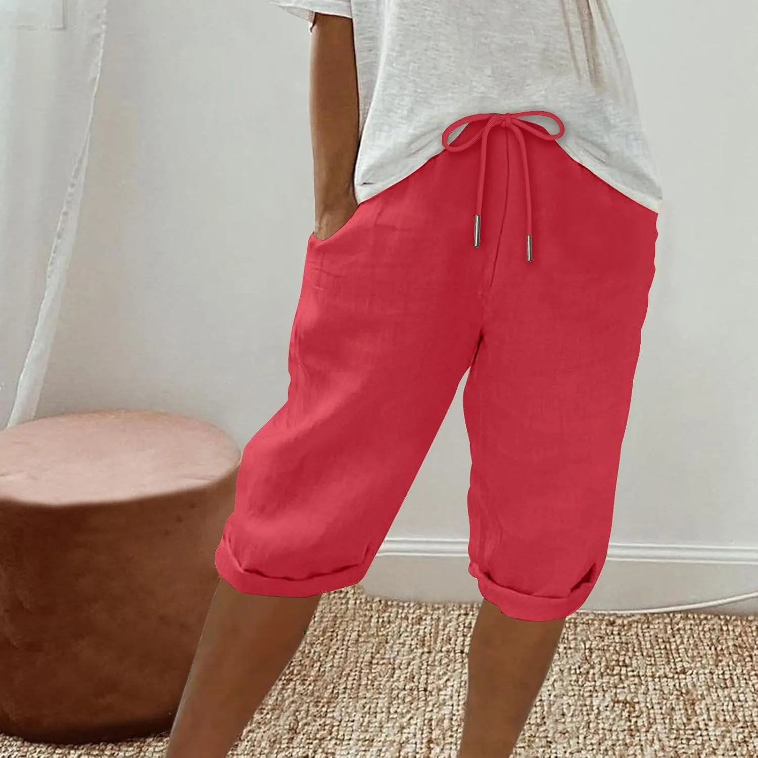 hlysgo Linen Shorts for Women Knee Length Bermuda Shorts 2025 Summer High Waist Drawstring Casual Beach Shorts with Pockets