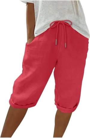 hlysgo Linen Shorts for Women Knee Length Bermuda Shorts 2025 Summer High Waist Drawstring Casual Beach Shorts with Pockets