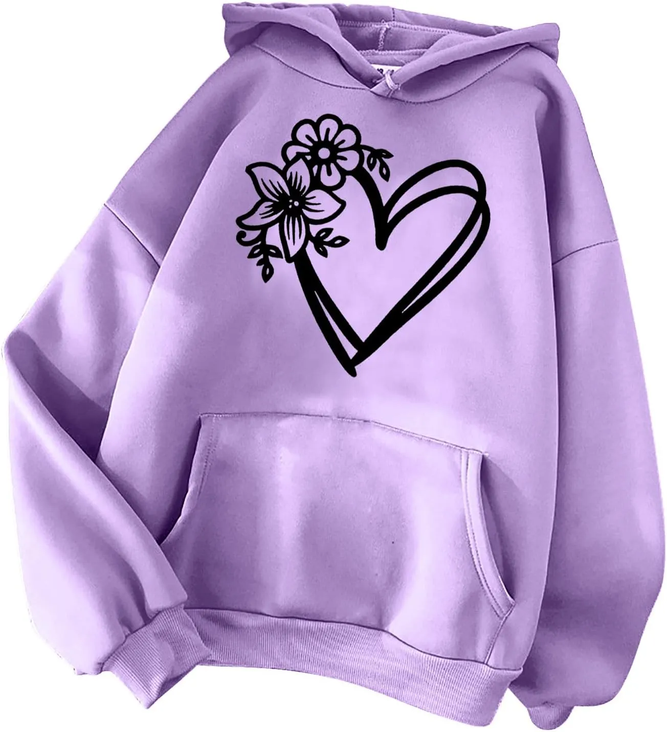 Hoodies for Women Heart Print Floral Graphic Sweatshirt Casual Long Sleeve Drawstring Hoodie with Pocket