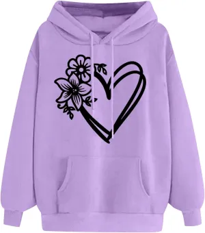 Hoodies for Women Heart Print Floral Graphic Sweatshirt Casual Long Sleeve Drawstring Hoodie with Pocket