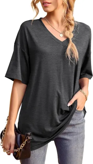 Iandroiy Womens Short Sleeve Tops Dolman V Neck T-Shirts Summer Casual Tunic Tops