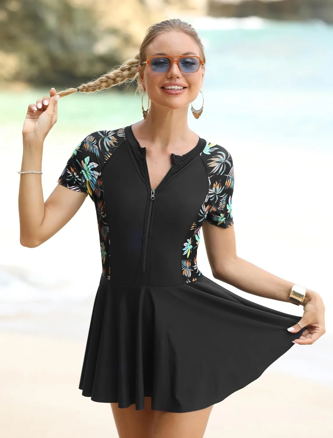 IDOPIP Rash Guard Swim Dress for Women One Piece Swimsuit Bathing Suit Short Sleeve Swimdress with Shorts Modest Swimwear