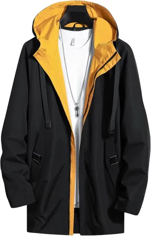 JEShifangjiusu Men's Waterproof Breathable Hooded Jacket Outdoor Lightweight Rain Coat Slim Long Belted Windbreaker Overcoat, Black, Large
