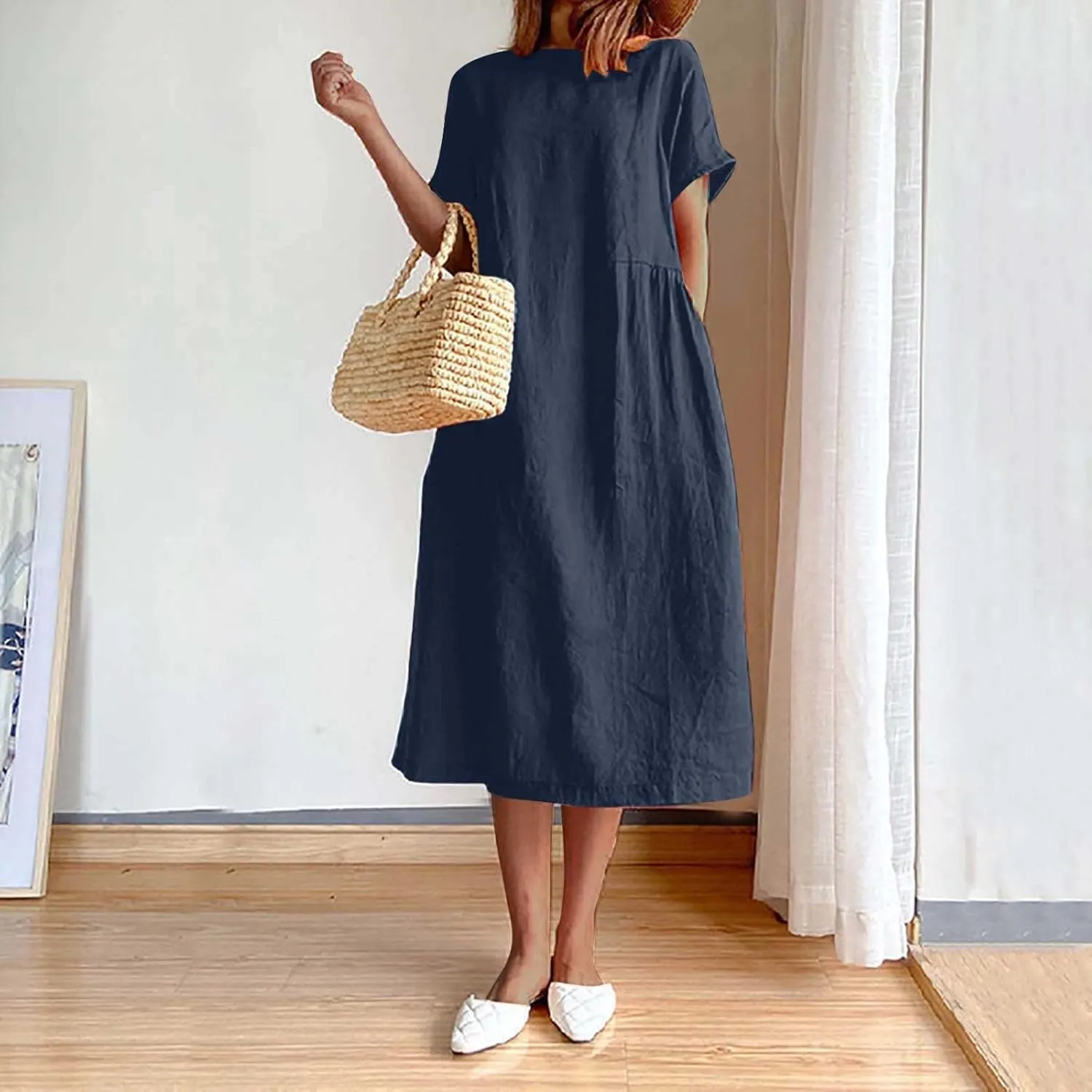 JOAU Women's Summer Cotton Linen Dress, Solid O-Neck Midi Dress with Pocket Short Sleevele Casual Loose Shift Dress
