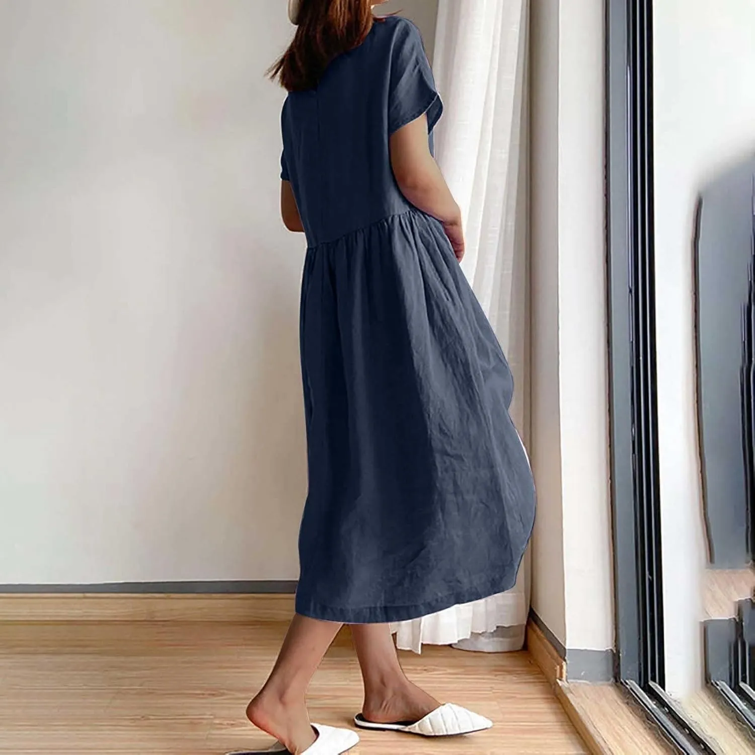 JOAU Women's Summer Cotton Linen Dress, Solid O-Neck Midi Dress with Pocket Short Sleevele Casual Loose Shift Dress