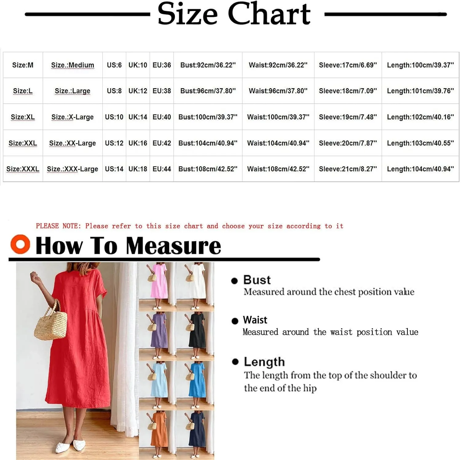 JOAU Women's Summer Cotton Linen Dress, Solid O-Neck Midi Dress with Pocket Short Sleevele Casual Loose Shift Dress