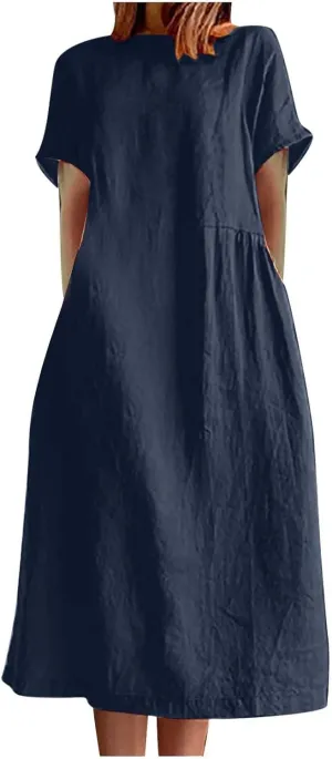 JOAU Women's Summer Cotton Linen Dress, Solid O-Neck Midi Dress with Pocket Short Sleevele Casual Loose Shift Dress