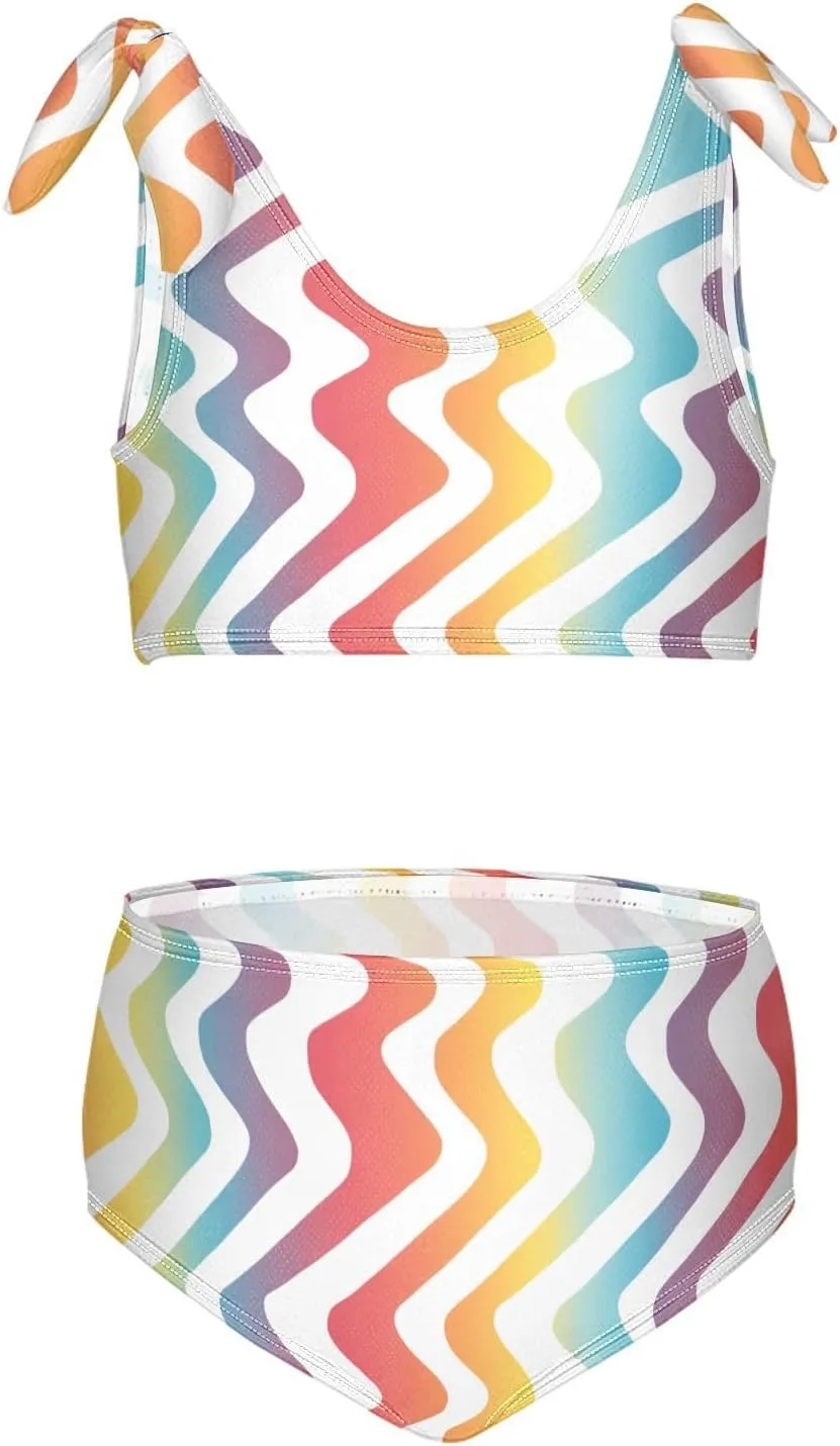 KLL Abstract Rainbow Stripes Girls 2 Piecing Bikini Set Beach Swimsuit Swimming Suits Cute Shoulder Strap