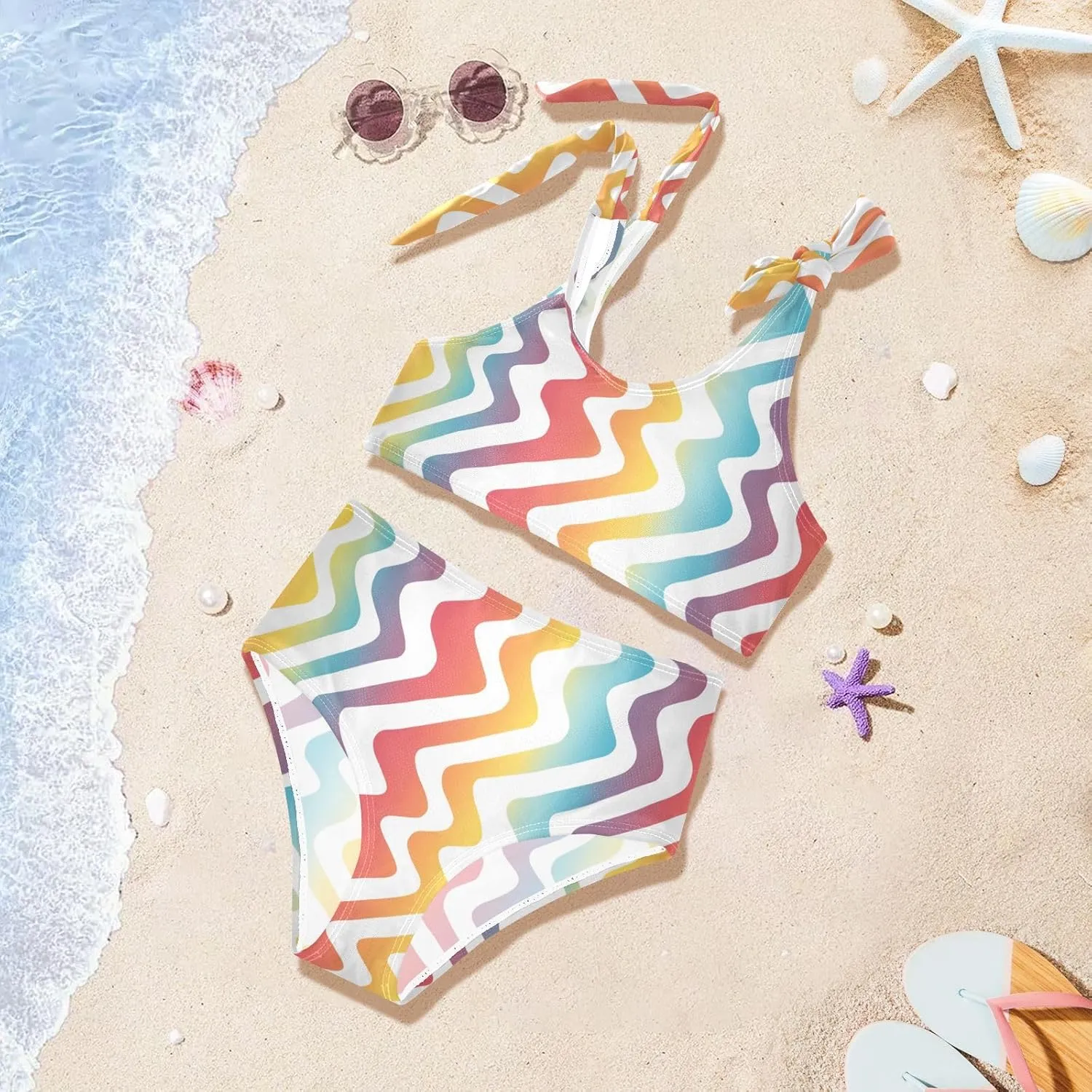 KLL Abstract Rainbow Stripes Girls 2 Piecing Bikini Set Beach Swimsuit Swimming Suits Cute Shoulder Strap